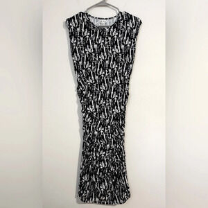 REISS vintage ivory gray black printed midi bodycon dress ruched